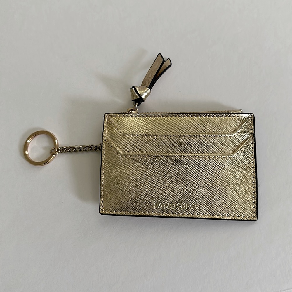 PANDORA || Gold Leather Mini Credit Card Wallet.